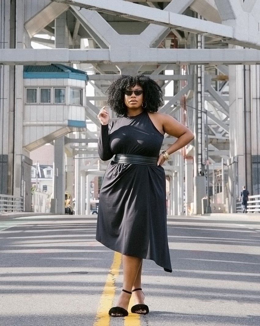 Black One-Shoulder Dress with Draped Skirt for Evening Flair Black One-Shoulder Dress with Draped Skirt for Evening Flair — Simple Work Party Outfits