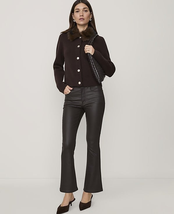 Faux Fur Collar Cardigan with Coated Denim Flares Faux Fur Collar Cardigan with Coated Denim Flares — Simple Work Party Outfits
