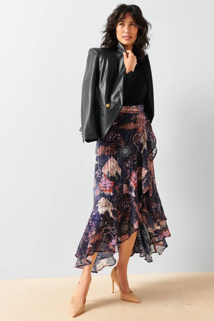 Leather Blazer Over Printed Ruffled Skirt for Contrast Leather Blazer Over Printed Ruffled Skirt for Contrast — Simple Work Party Outfits