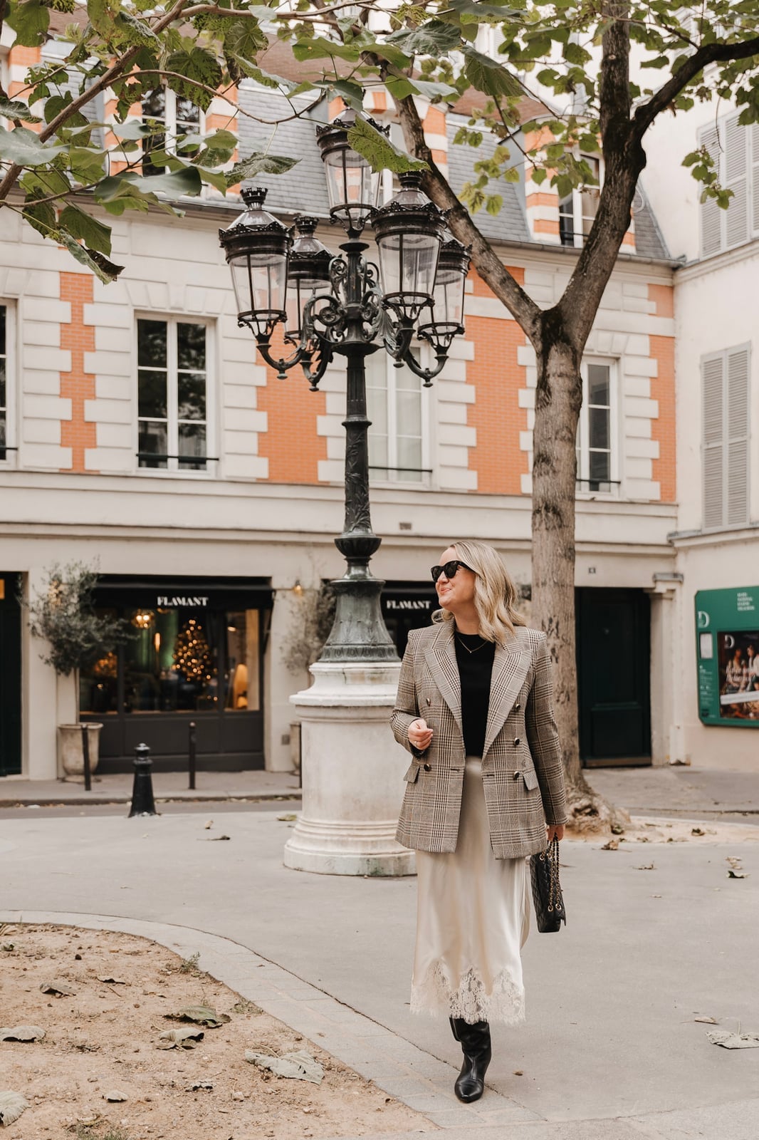 Oversized Plaid Blazer with Satin Skirt for a Festive Touch Oversized Plaid Blazer with Satin Skirt for a Festive Touch — Simple Work Party Outfits