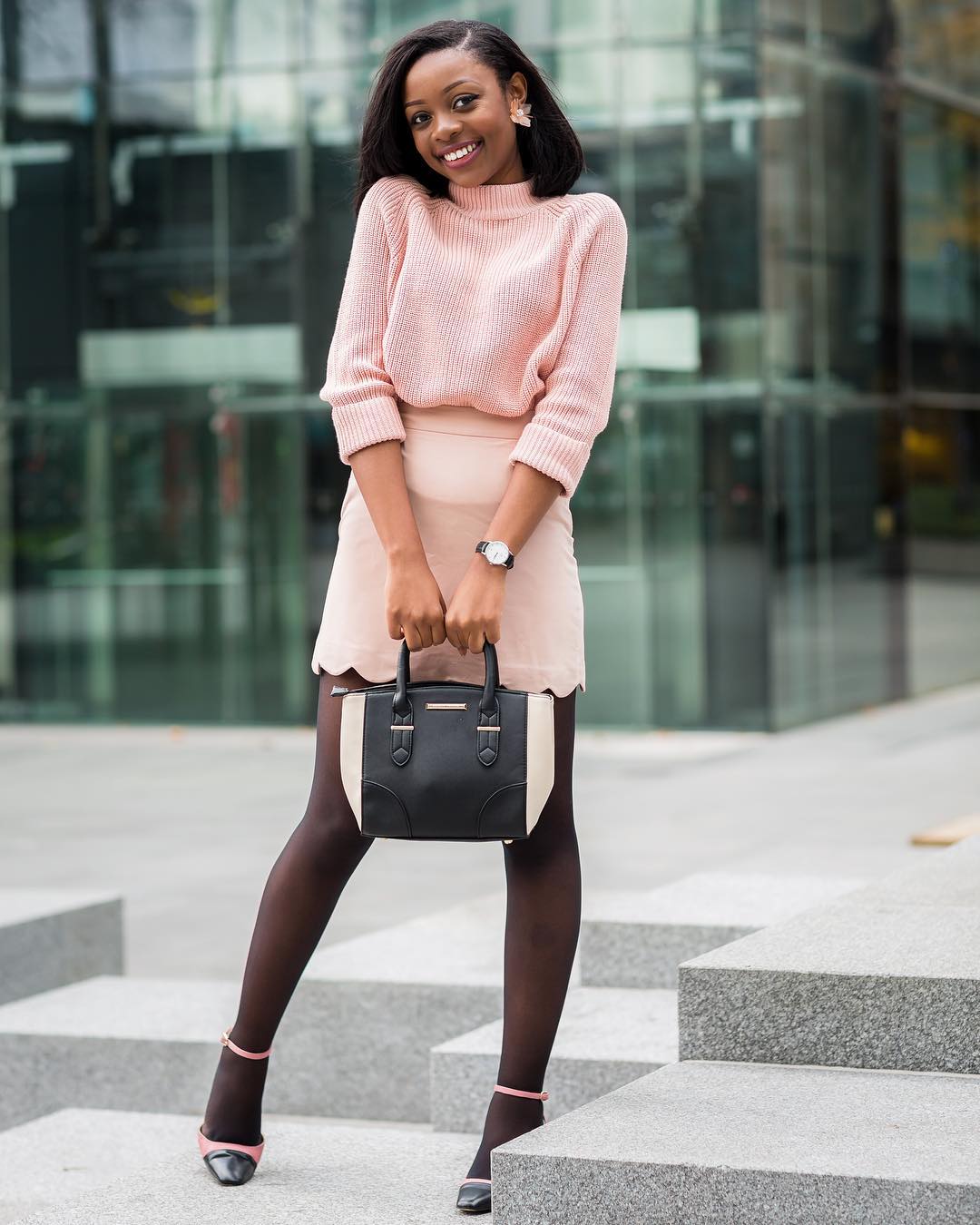 Pink Knit Sweater with Scalloped Hem Mini Skirt Pink Knit Sweater with Scalloped Hem Mini Skirt — Simple Work Party Outfits