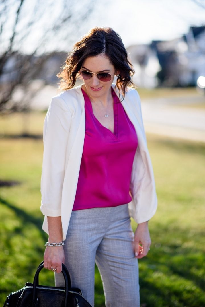 White Blazer with Bright Pink Top and Gray Trousers White Blazer with Bright Pink Top and Gray Trousers — Simple Work Party Outfits