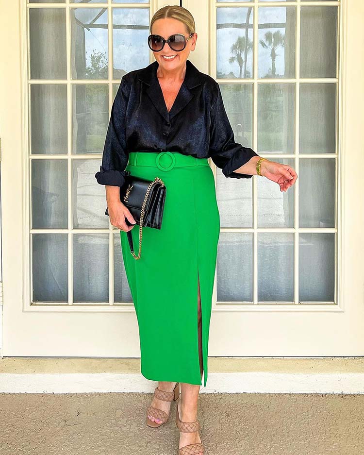 Black Satin Blouse with Bright Green Pencil Skirt Black Satin Blouse with Bright Green Pencil Skirt — Simple Work Party Outfits