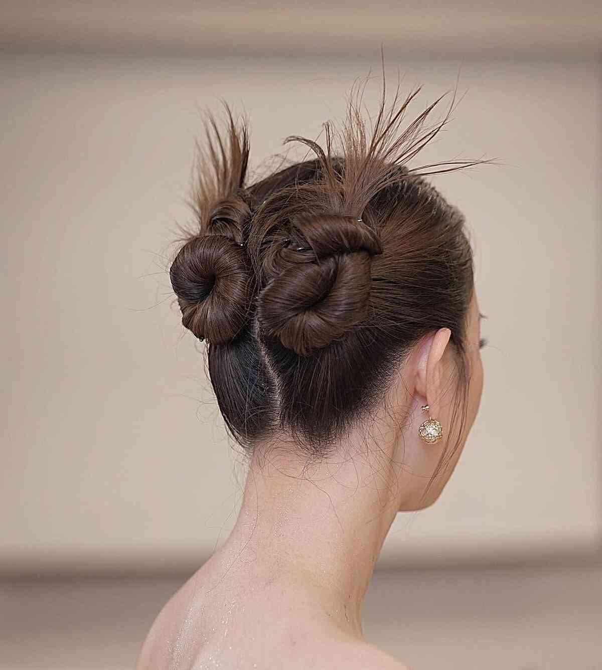 Thick Dark Brown Double Buns With Spiky Ends, Straight — Simple Y2K Updo