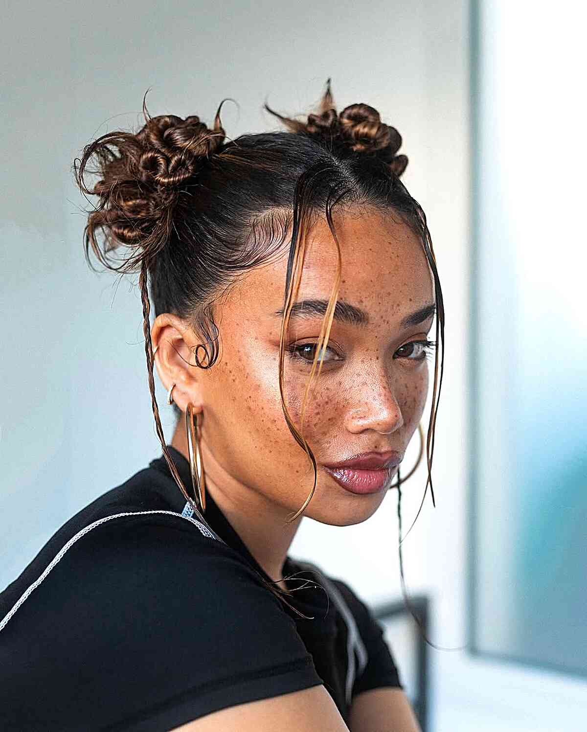 Dark Brown Double Buns With Face-Framing Tendrils — Simple Y2K Updo