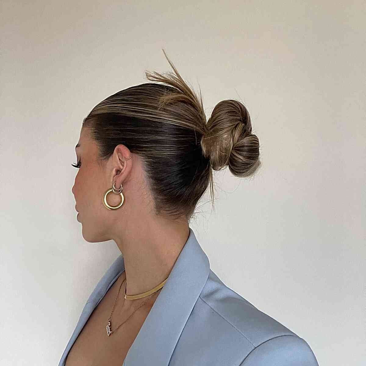 Dark Blonde Messy Bun With Loose Strands — Simple Y2K Updo
