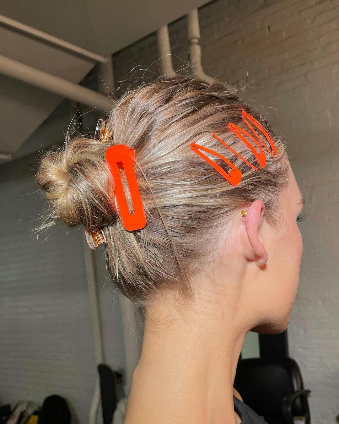 Messy Bun With Orange Acrylic Clips — Simple Y2K Updo