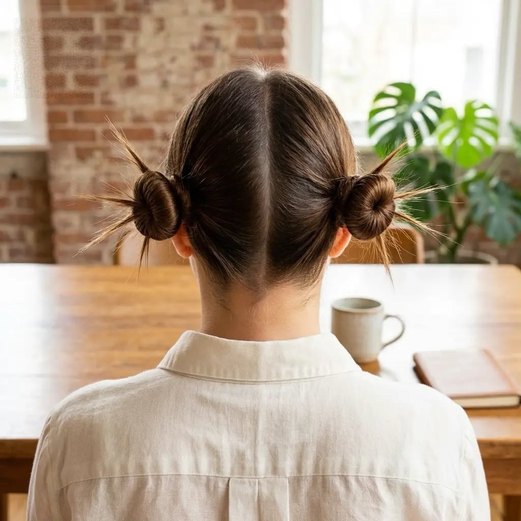 Medium Brown Space Buns With Spiky Ends, Mid-Back — Simple Y2K Updo