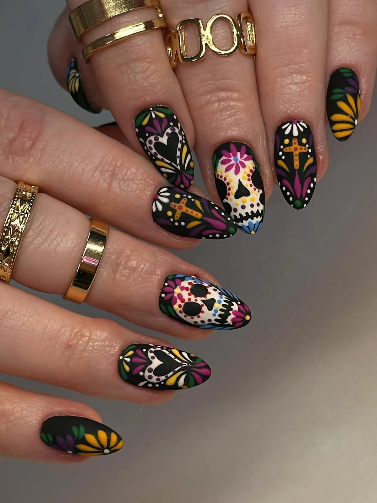 Vibrant Sugar Skull Day of the Dead Almond Nails — Skull Nails