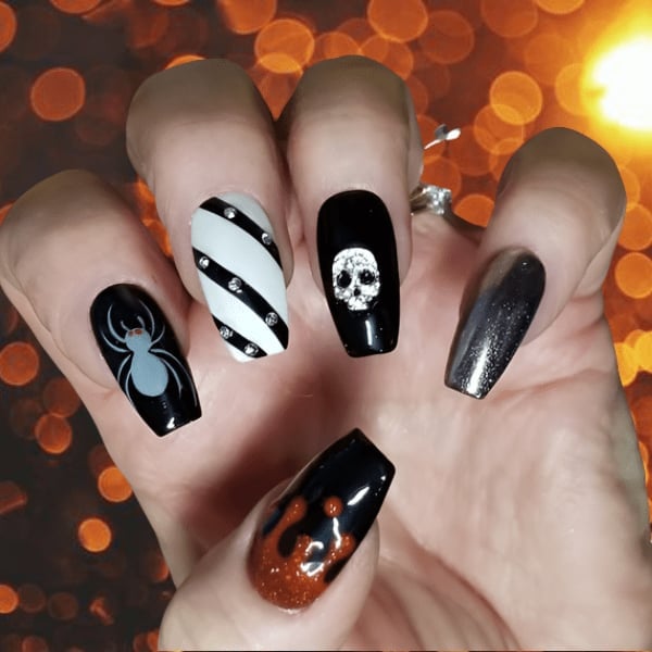 Long Coffin Rhinestone Skull Nails