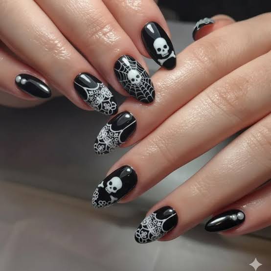 Glossy Black White Skull Lace Nails — Skull Nails