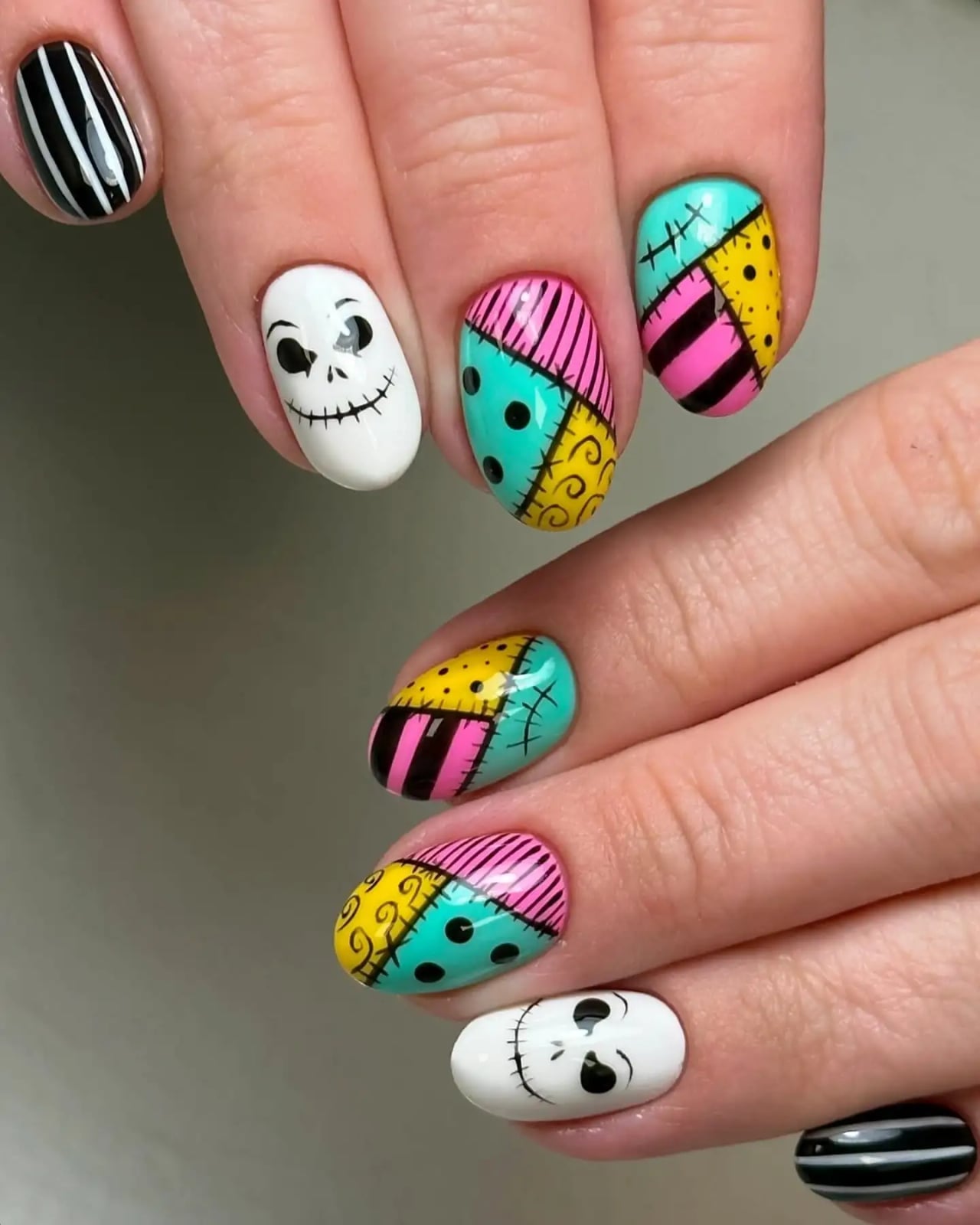 Medium Almond Patchwork Skull Nails