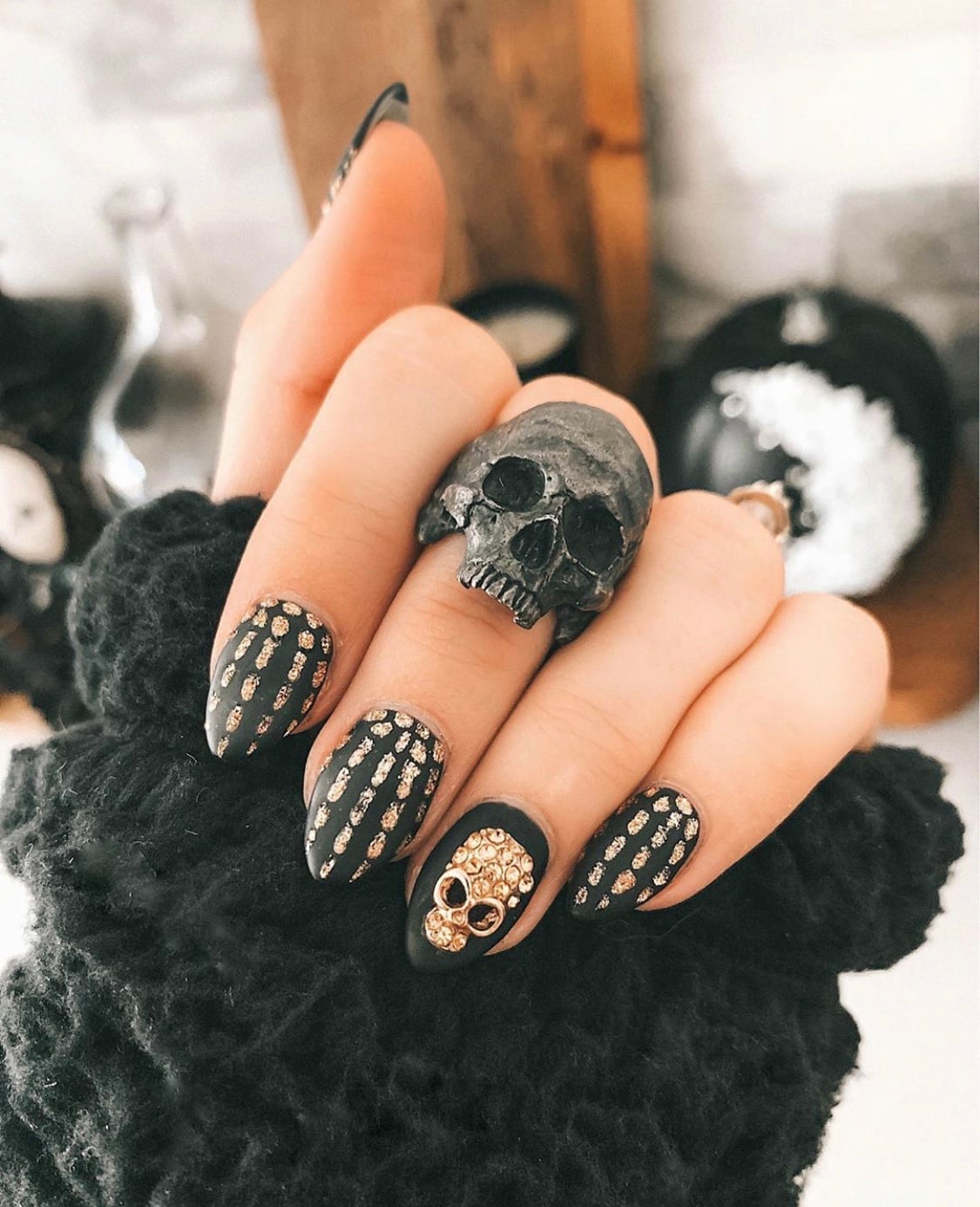 Matte Black Gold Crystal Skull Nails