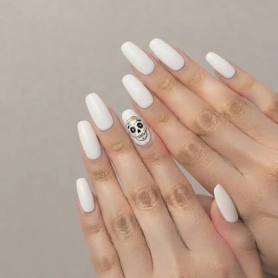 Long Coffin White Sugar Skull Nails