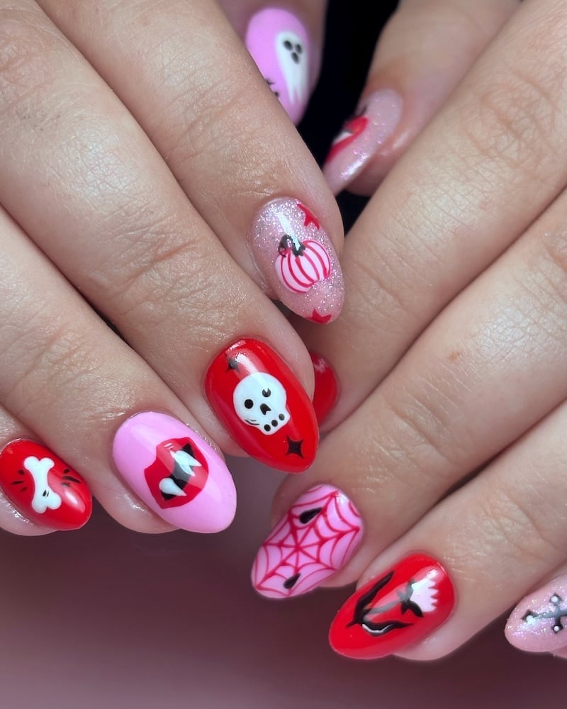 Short Oval Red Pink Skull Spiderweb Nails — Skull Nails