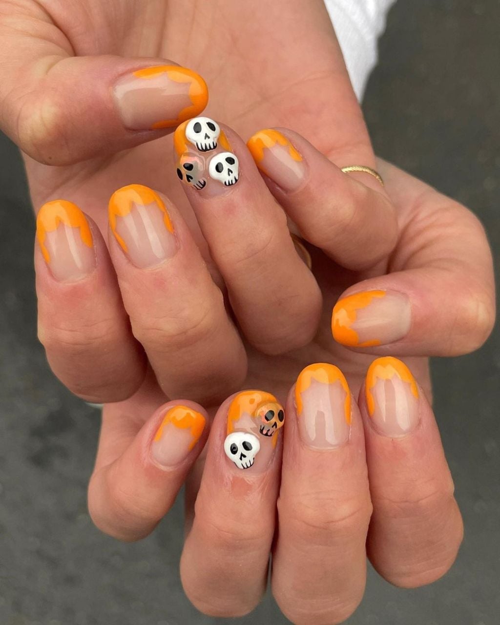 Short Almond Orange French Tip 3D Skull Nails