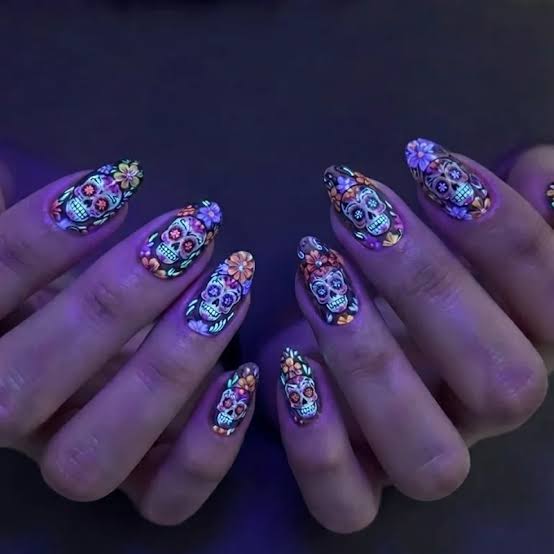 Long Almond Multi-Color Sugar Skull Nails