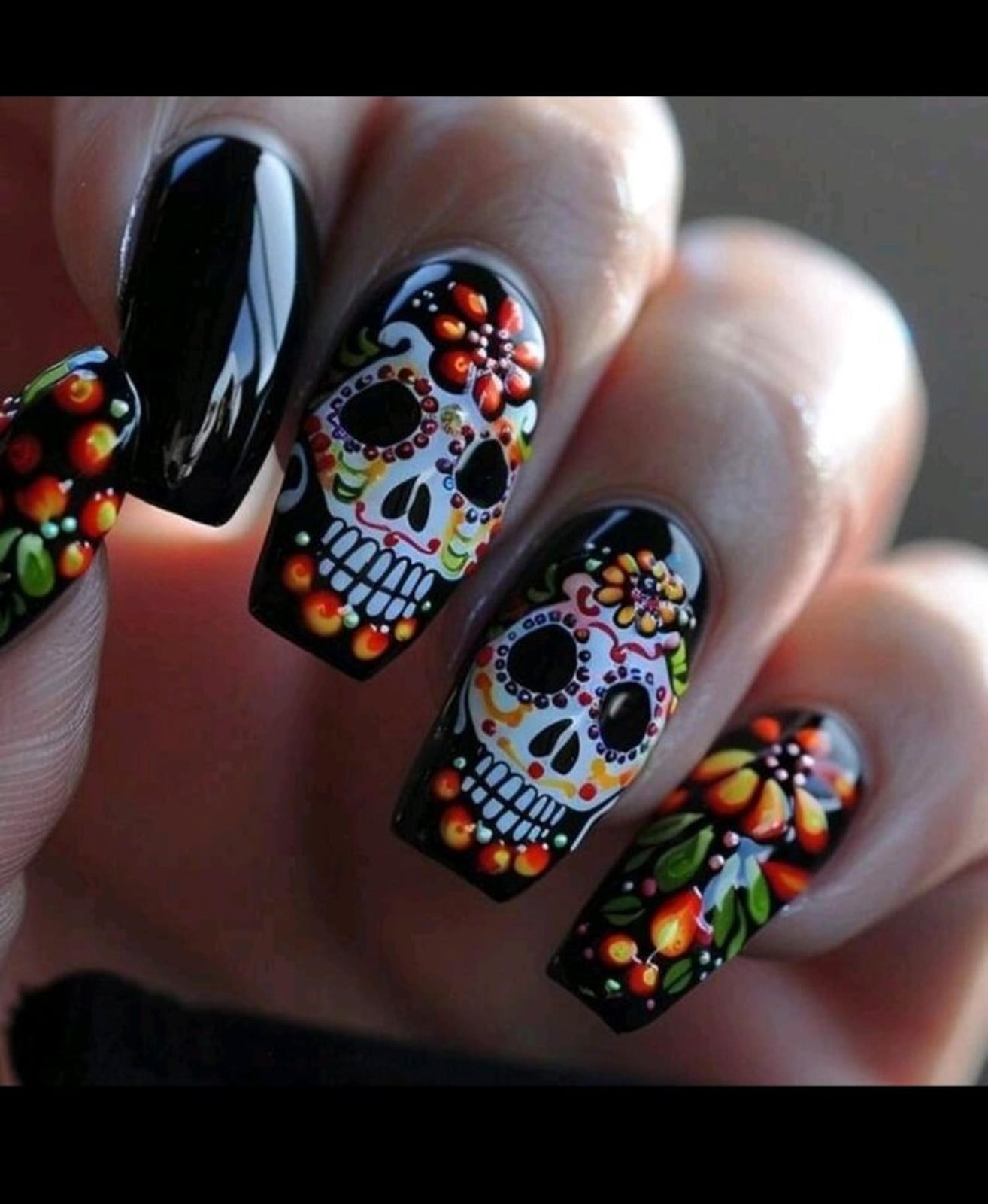 Short Square Glossy Black Sugar Skull Nails, квадрат
