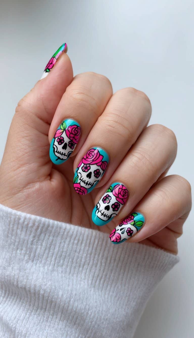 Matte Teal Sugar Skull Oval Nails — Skull Nails