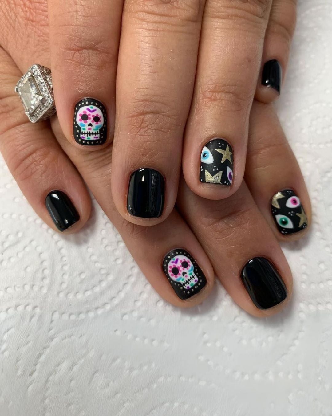 Short Square Black Sugar Skull Nails