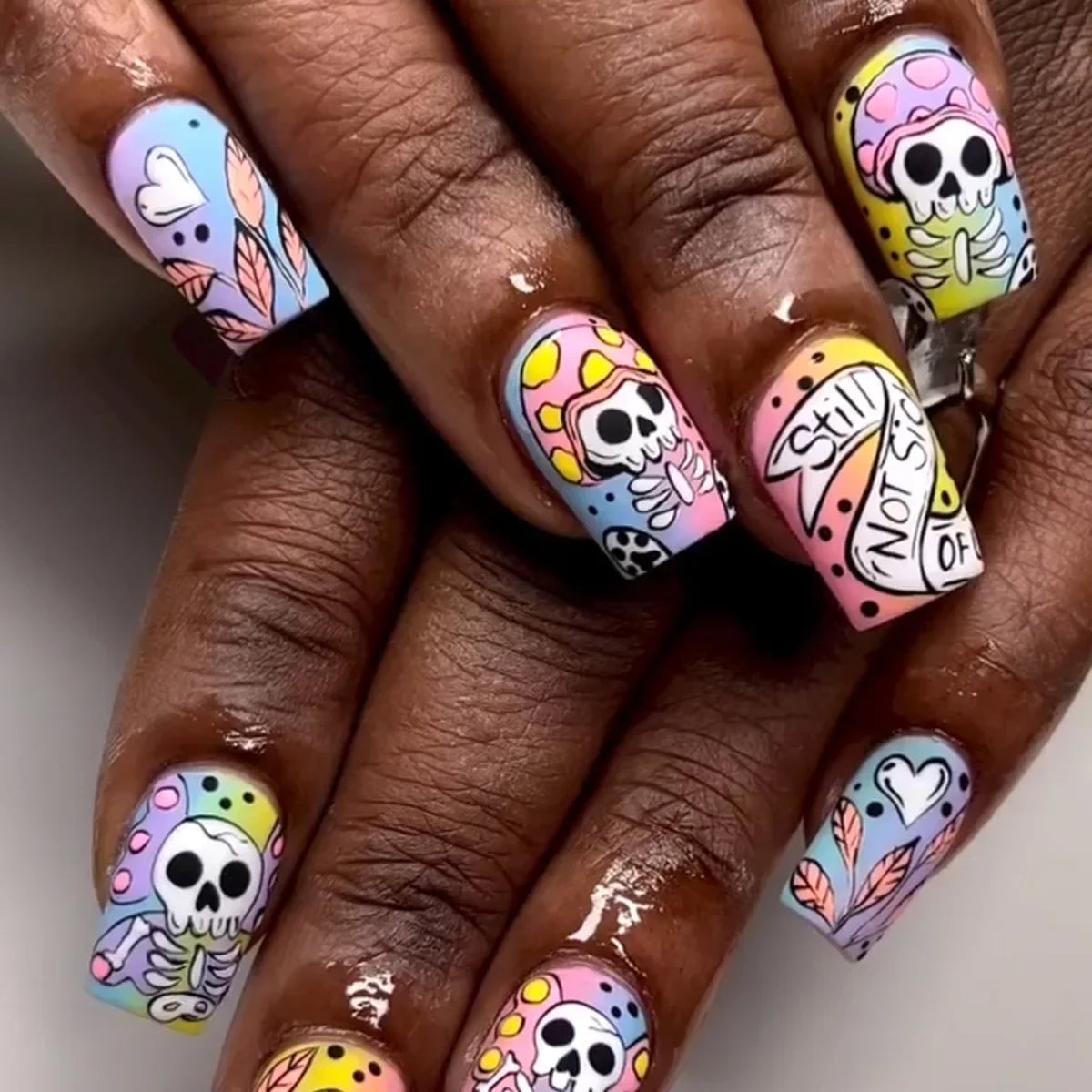 Pastel Gradient Square Skull Nails