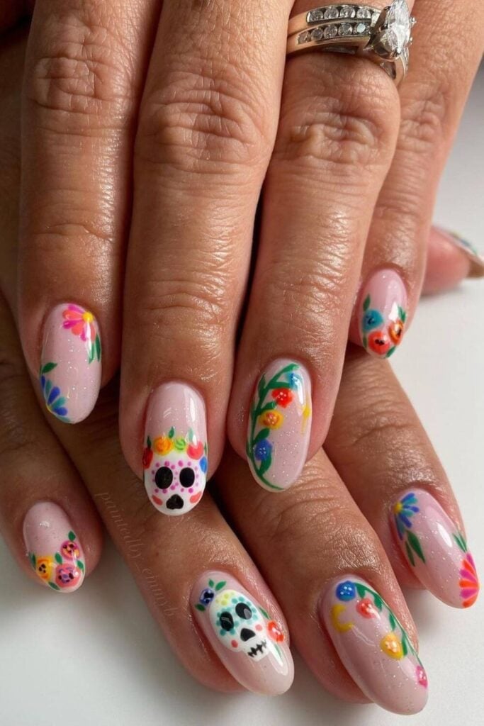 Short Oval Shimmer Skull Nails