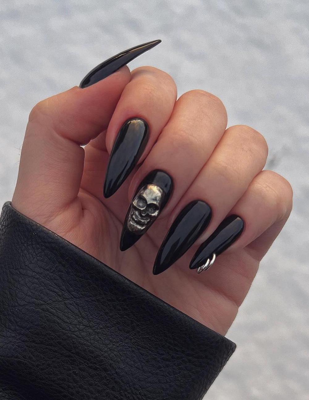 Long Stiletto Black 3D Skull Charm Nails — Skull Nails
