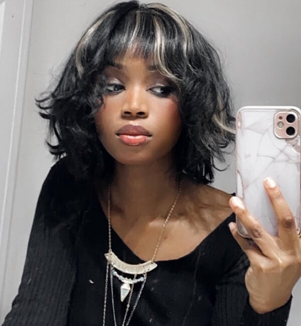 Collarbone Shag With Curtain Bangs And Blonde Streaks — Skunk Stripe Hair