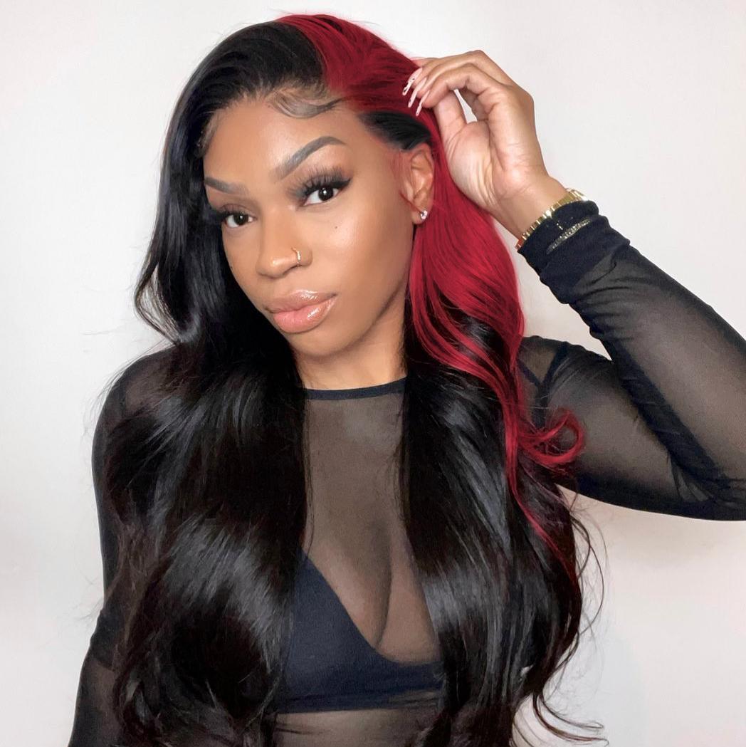 Mid-Back Waves With Red Skunk Stripe — Skunk Stripe Hair