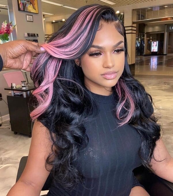 Mid-Back Blowout With Pink Face Framing — Skunk Stripe Hair