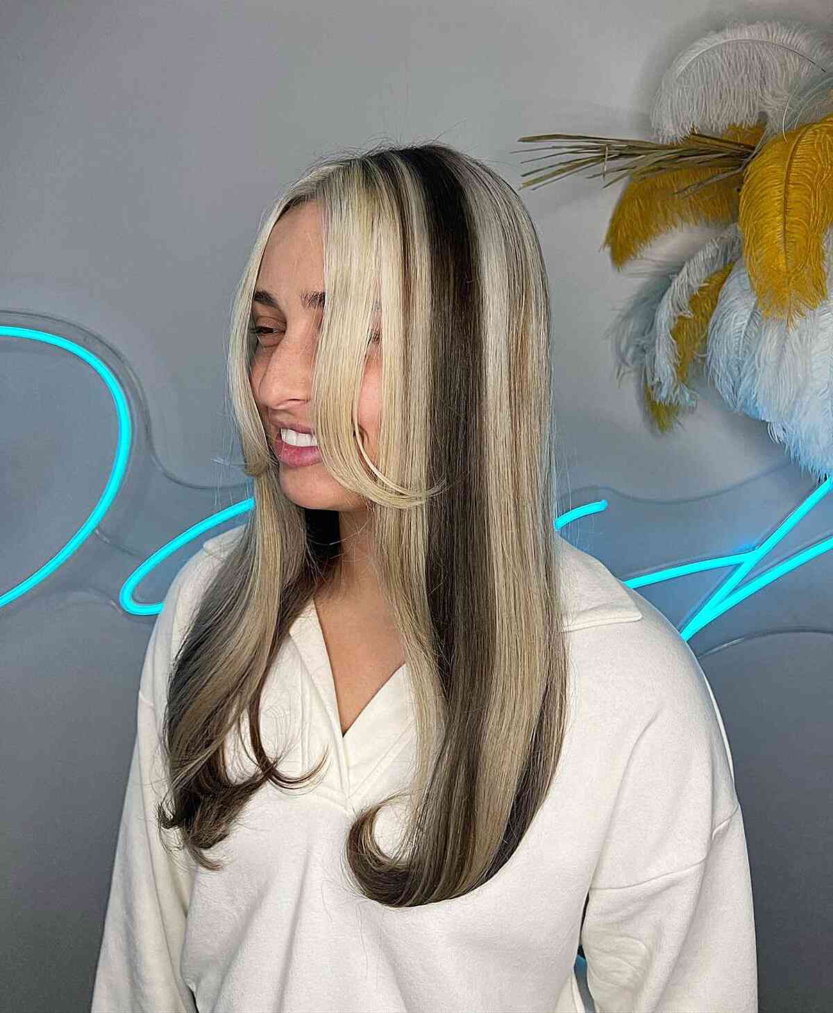 Mid-Back Layers With Curtain Bangs And Blonde Stripes — Skunk Stripe Hair