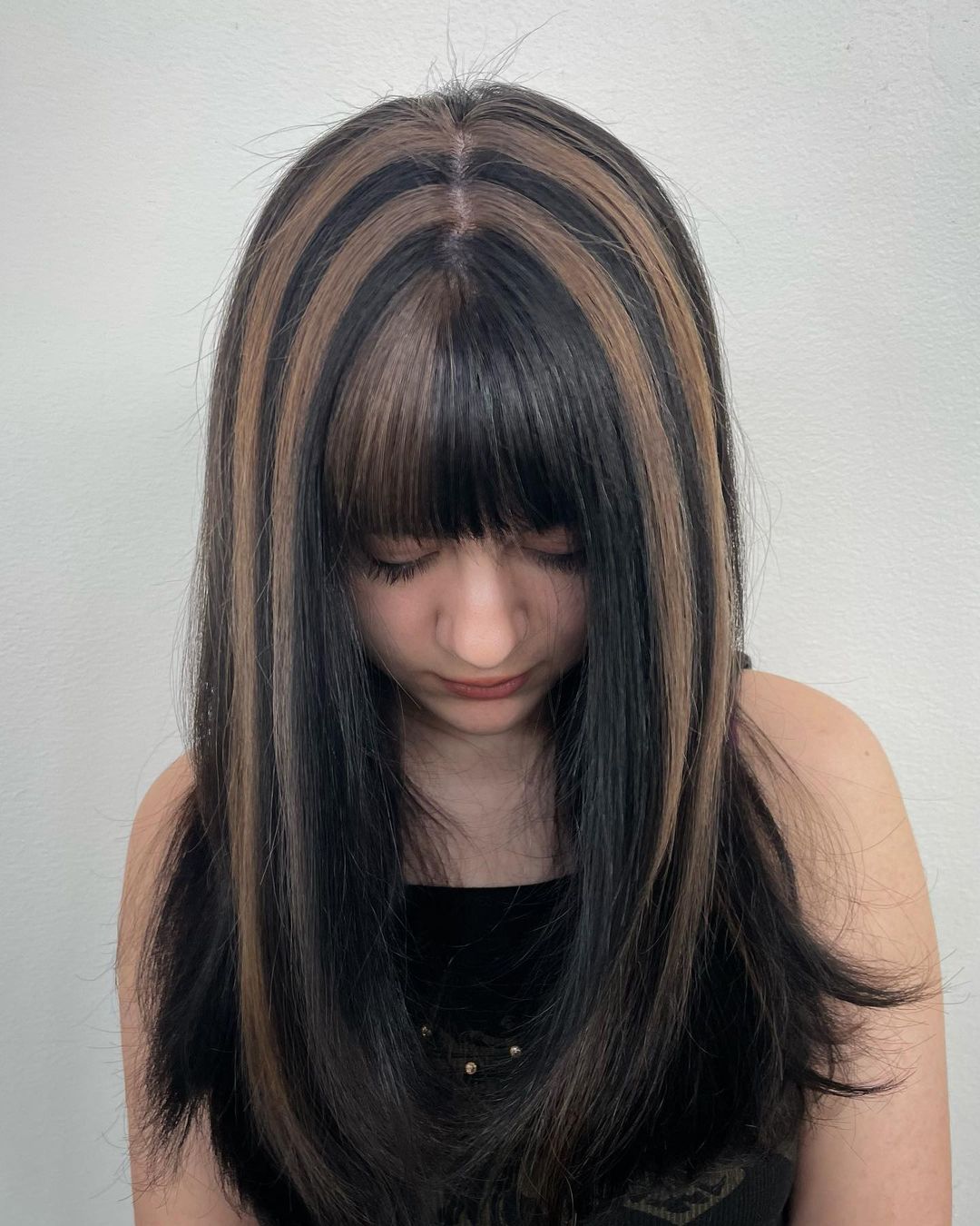 Mid-Back Waves With Face Framing Blonde Stripe — Skunk Stripe Hair