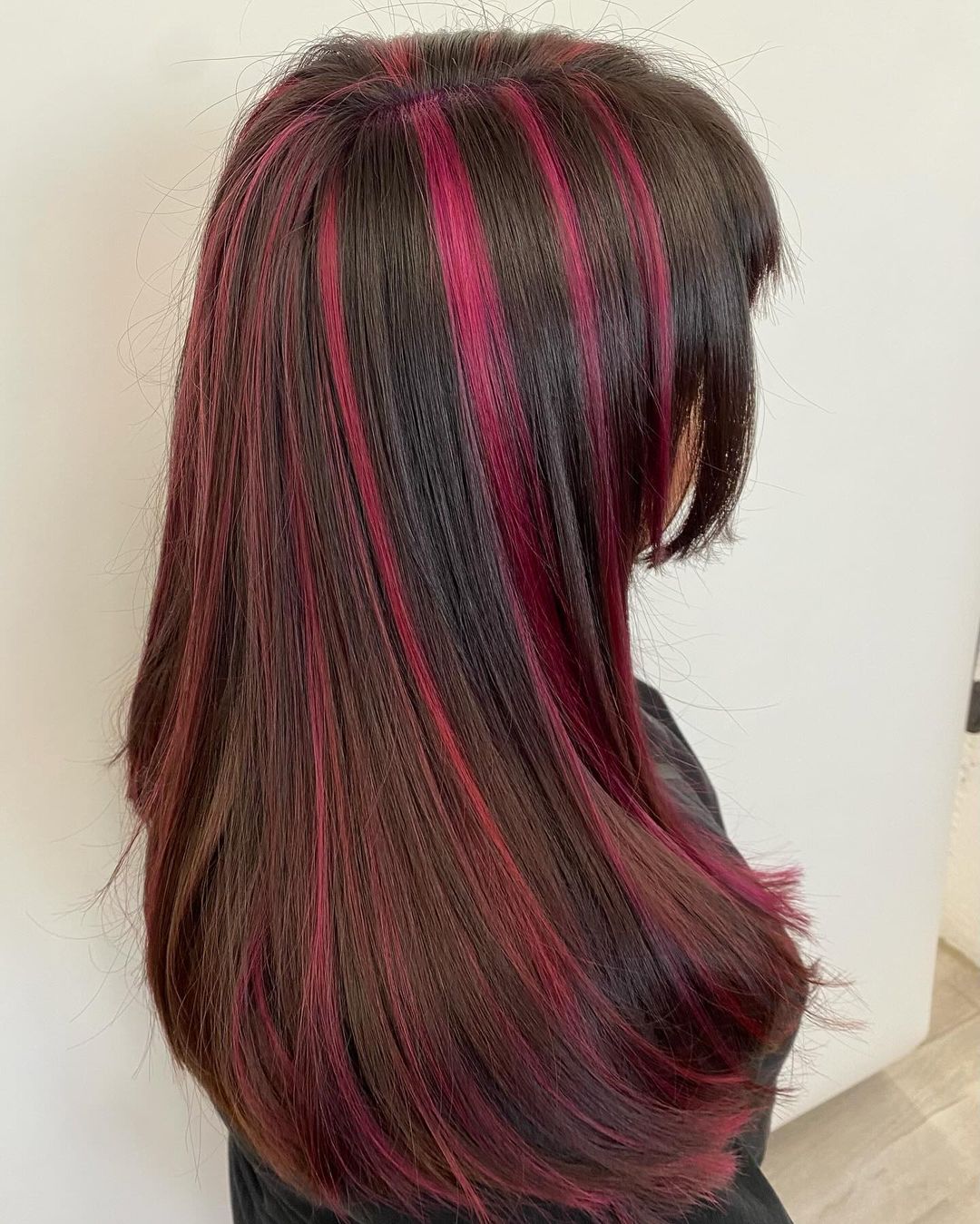 Mid-Back Straight Layers With Pink Stripes — Skunk Stripe Hair