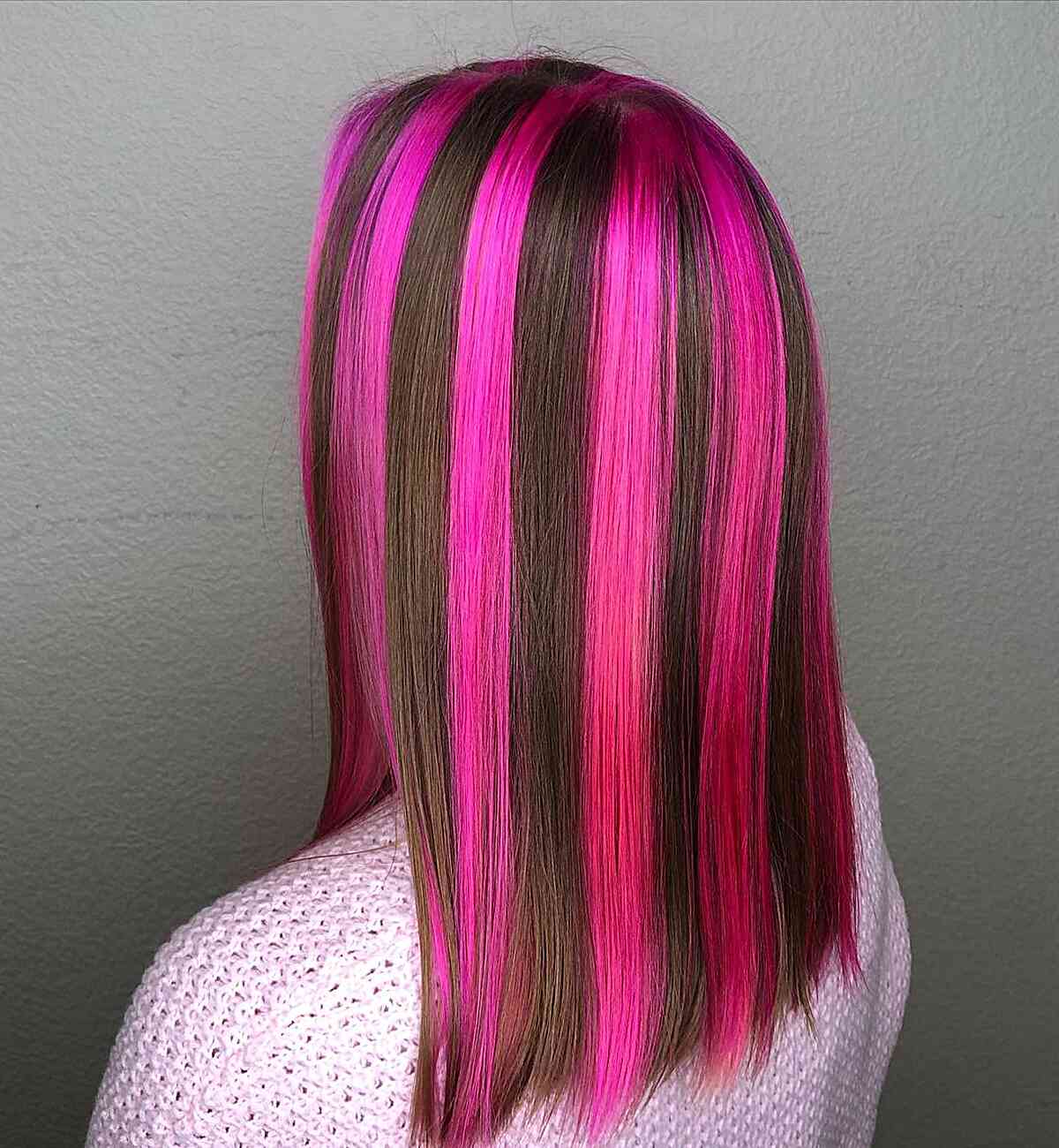Mid-Back Straight Hair With Bright Pink Stripes, Close-Up Take — Skunk Stripe Hair