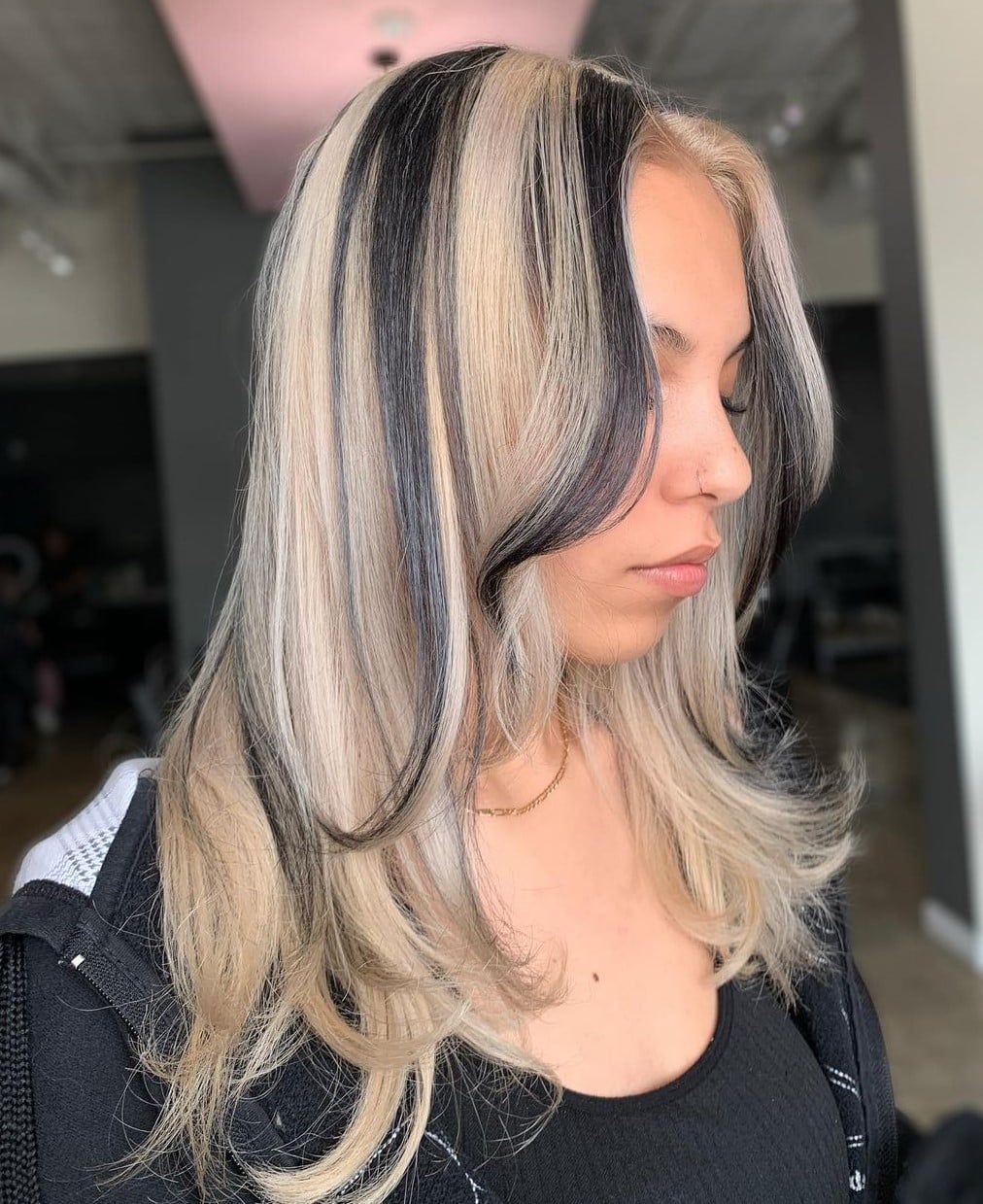 Collarbone Layers With Full Bangs And Stripes — Skunk Stripe Hair