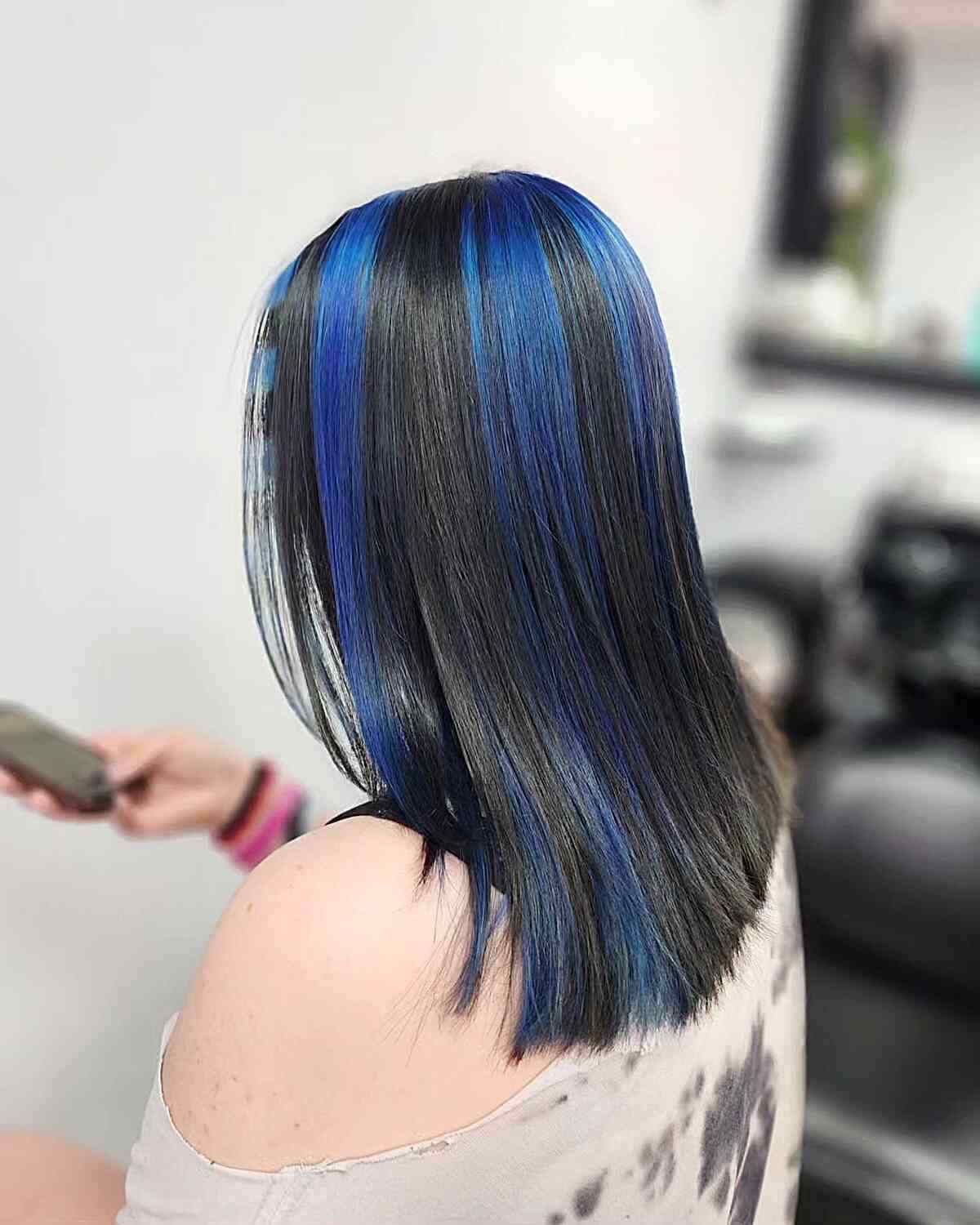 Blunt Lob With Electric Blue Stripes — Skunk Stripe Hair