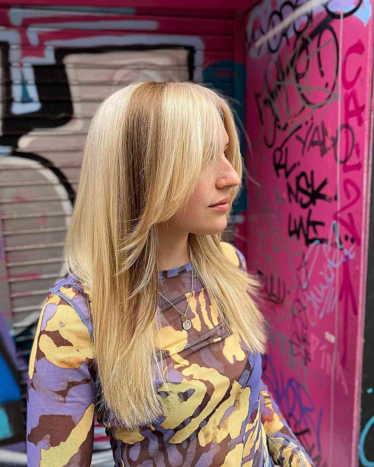 Shoulder Layers With Curtain Bangs And Dark Stripe — Skunk Stripe Hair