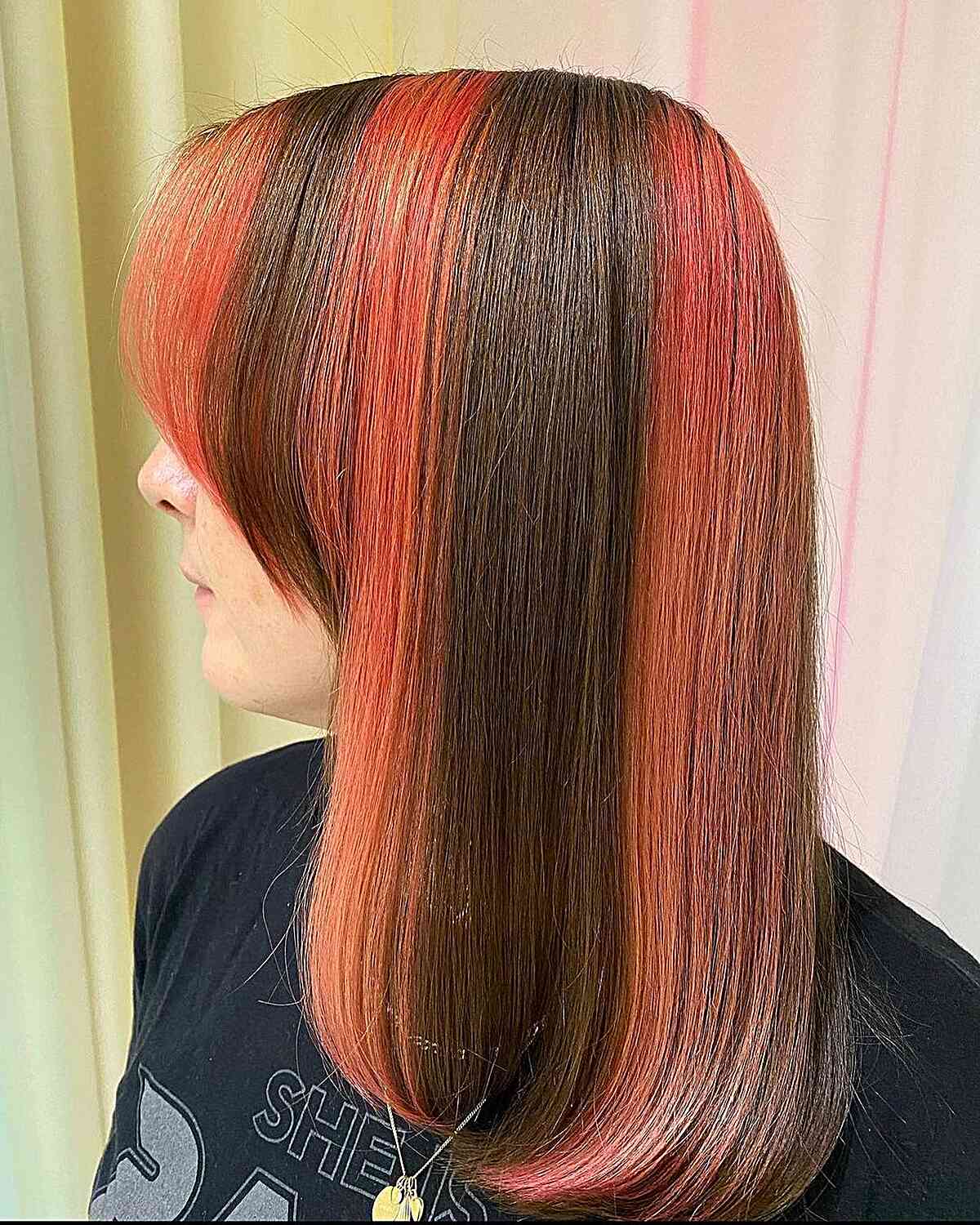 Collarbone Layers With Side Swept Bangs And Coral Stripes — Skunk Stripe Hair