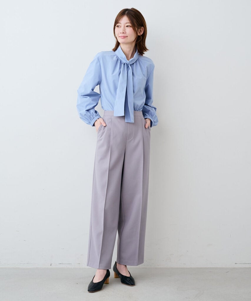 Light blue tie neck blouse with gray trousers — Smart Casual Outfits