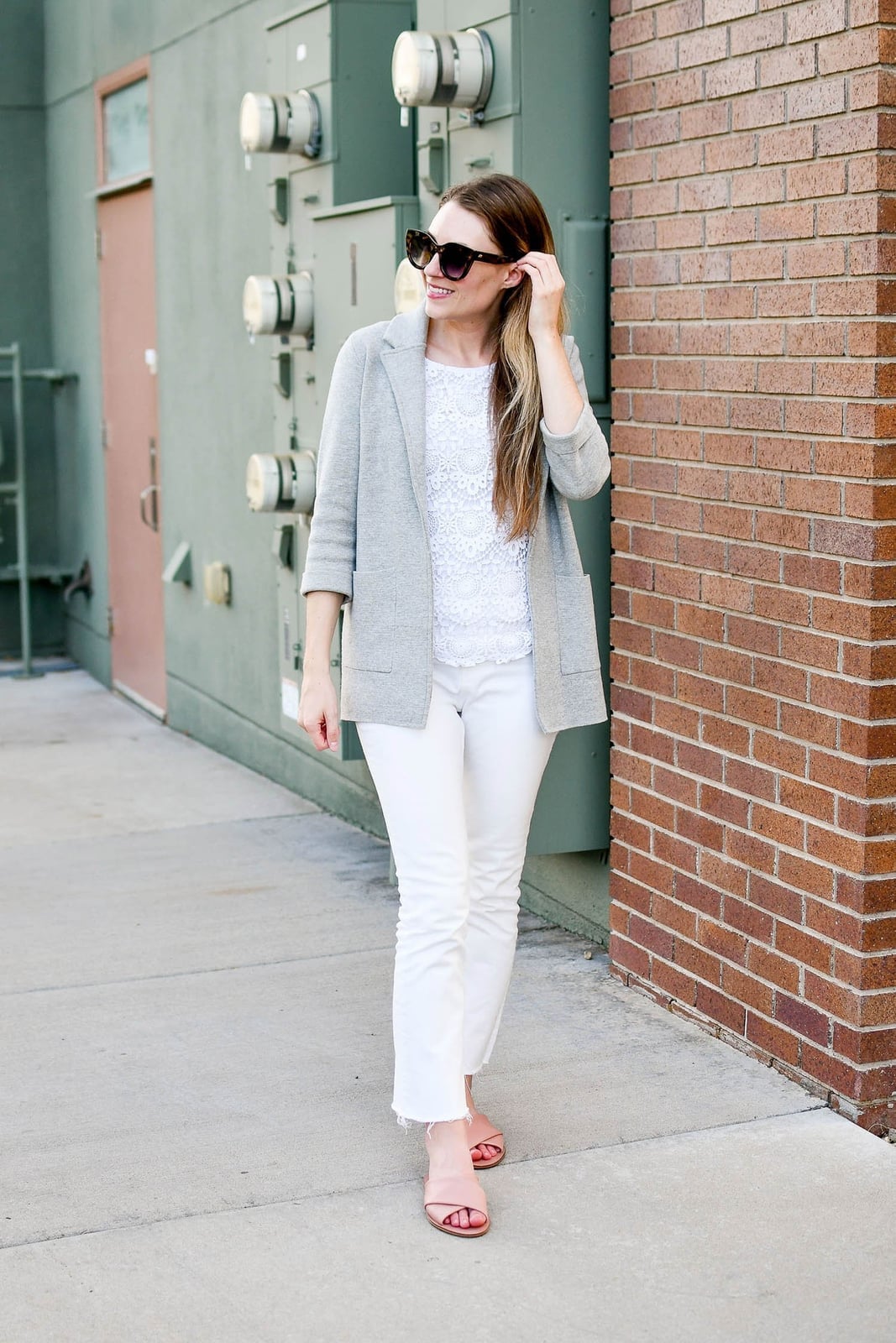 Gray relaxed blazer with white lace top — Smart Casual Outfits