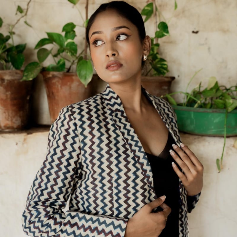 Geometric print jacket over black camisole — Smart Casual Outfits