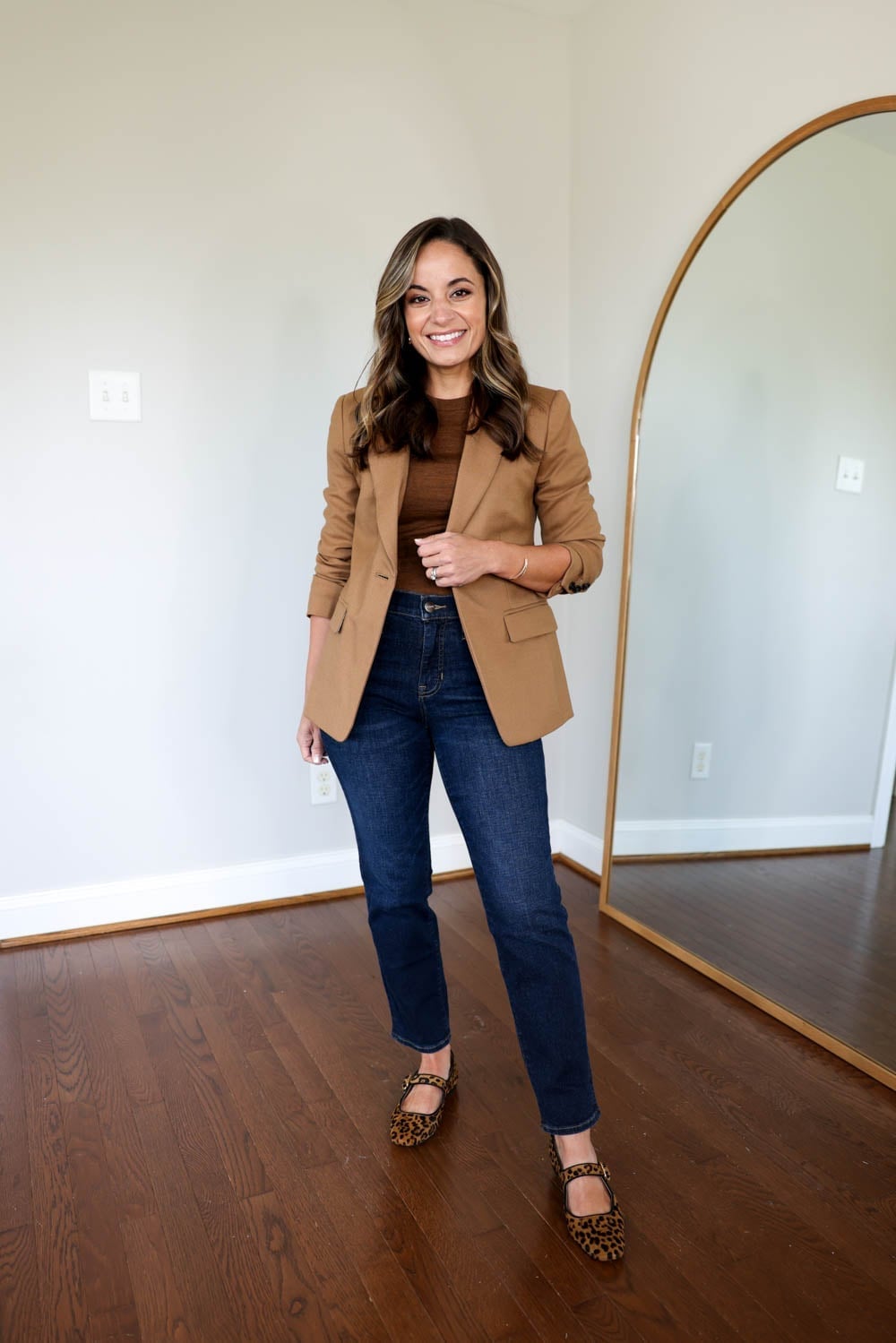 Brown wool blend blazer with straight leg jeans — Smart Casual Outfits