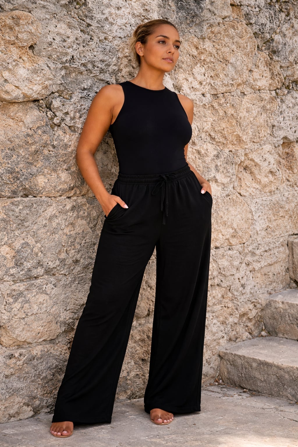 Black sleeveless bodysuit with wide leg trousers — Smart Casual Outfits