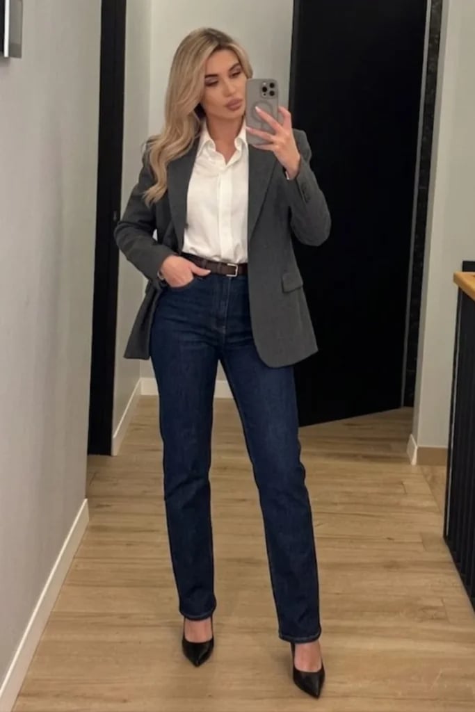 Gray blazer with white shirt and straight leg jeans — Smart Casual Outfits