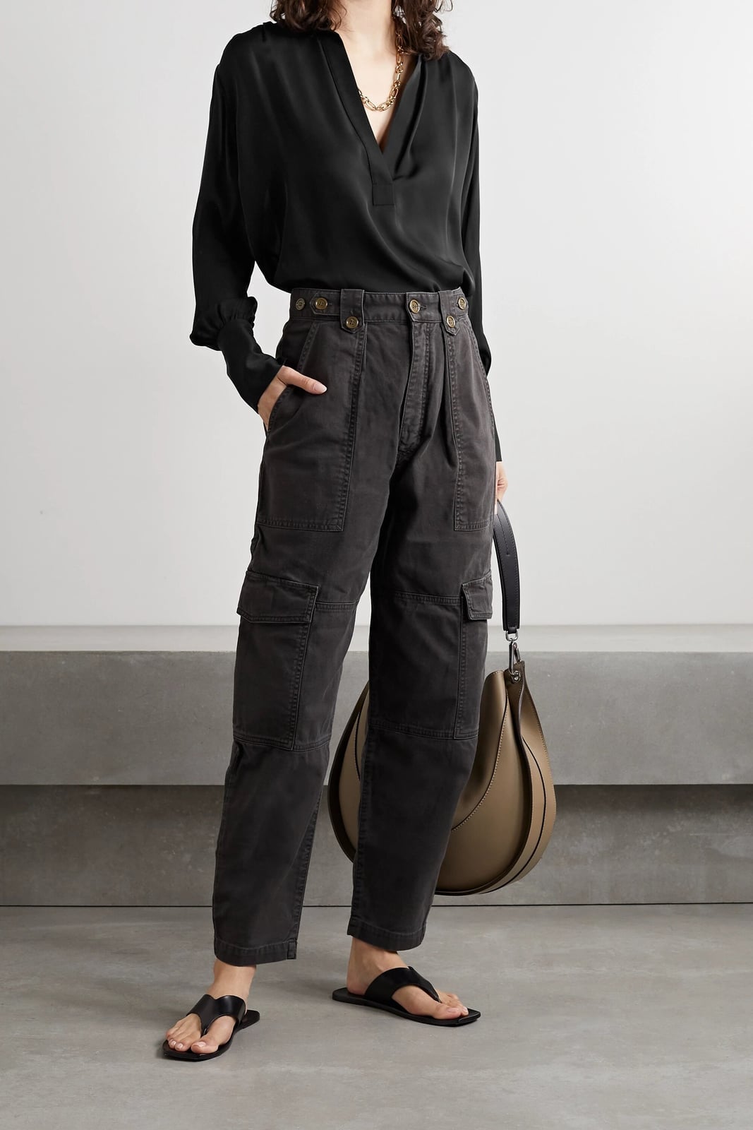 Dark gray cargo trousers with black silk blouse — Smart Casual Outfits