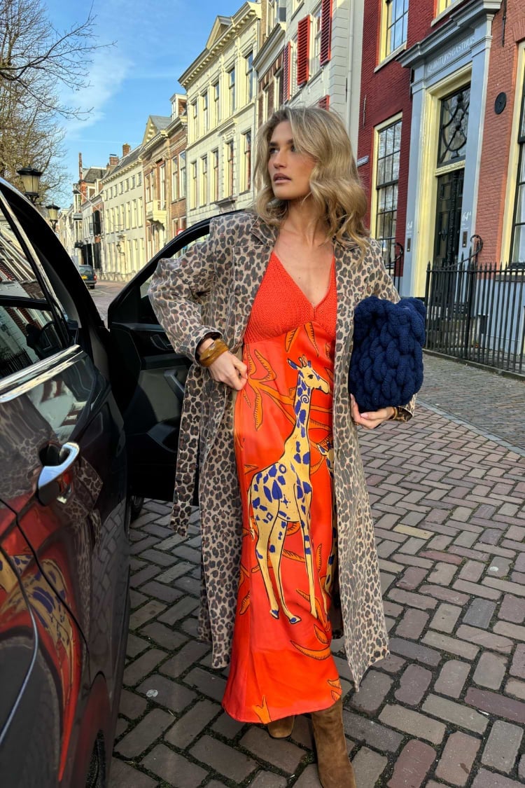 Leopard print coat over orange knit dress — Smart Casual Outfits
