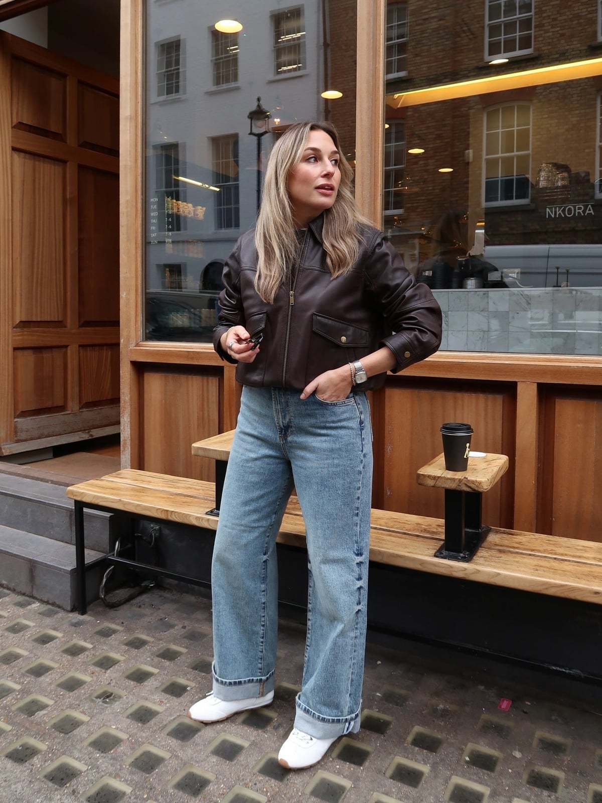 Brown leather bomber jacket with wide leg jeans — Smart Casual Outfits