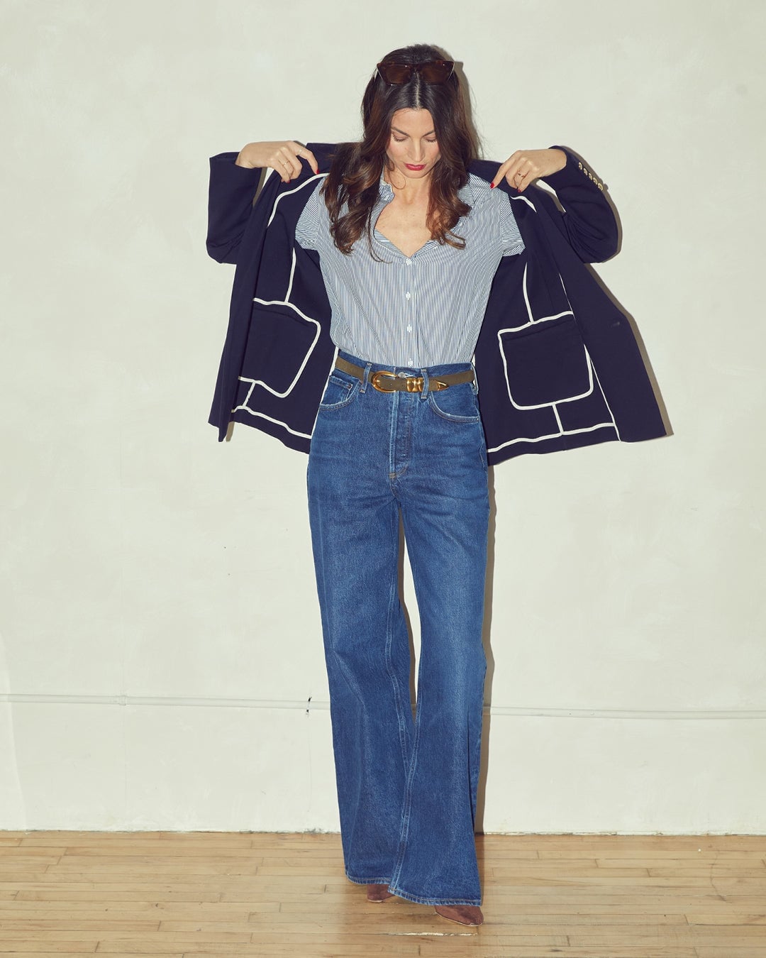 Navy blazer with white trim and wide leg jeans — Smart Casual Outfits
