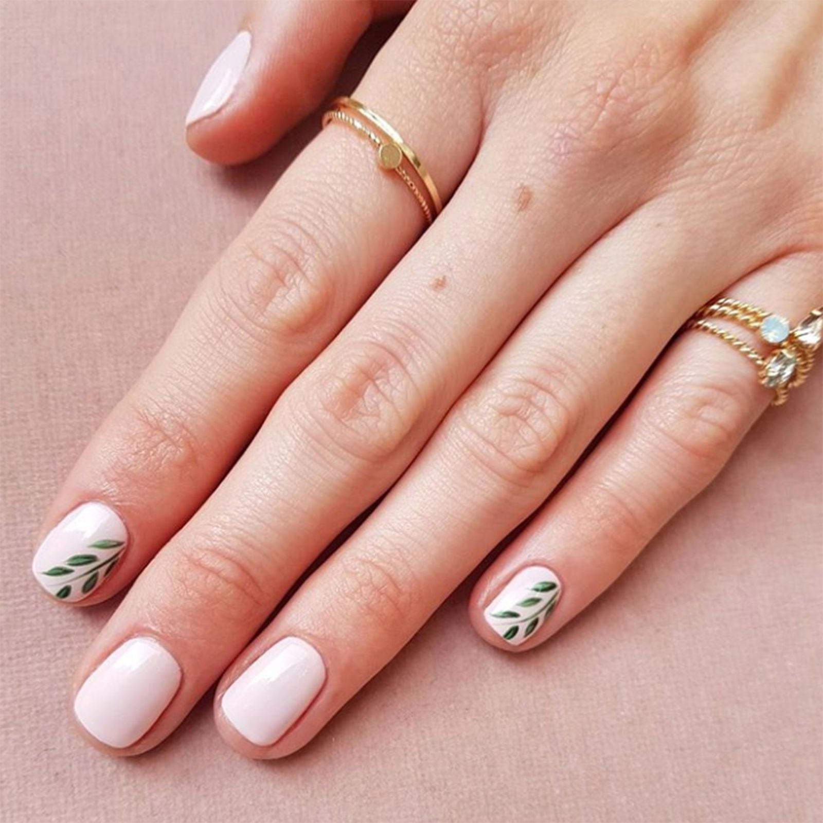 Pale Pink Squoval with Leaf Art — Squoval Nails
