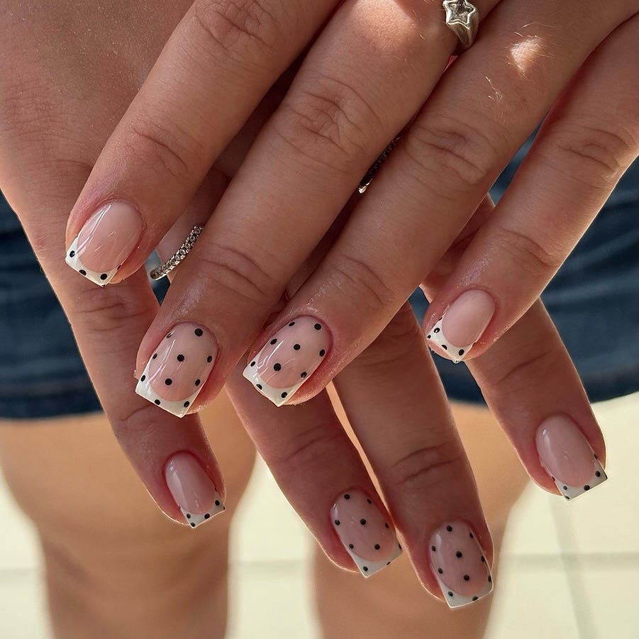 Pink French Tip Polka Dot Nails — Squoval Nails